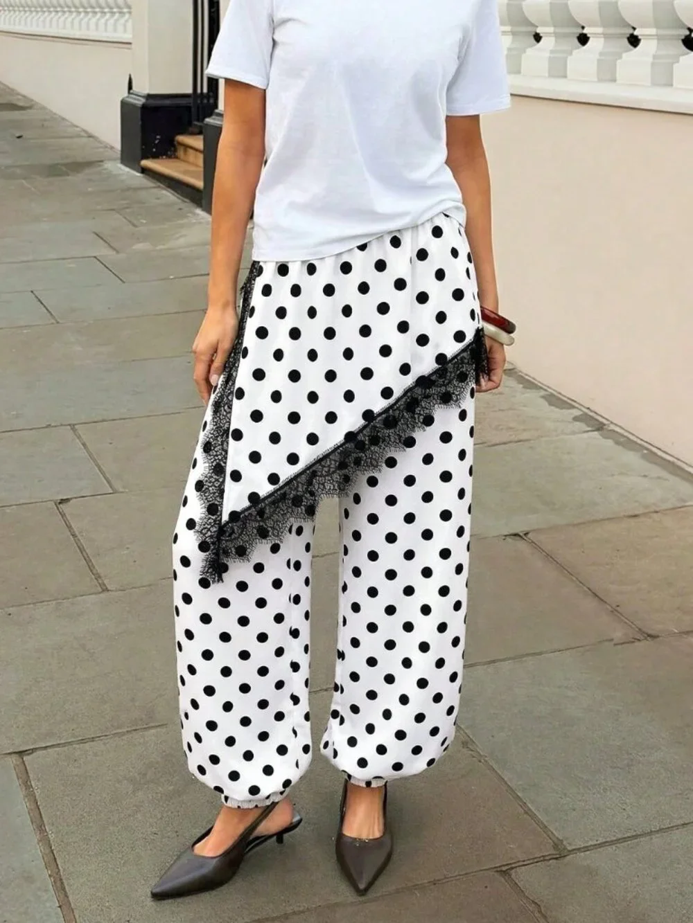 White Casual Women's Polka Dot Lace Elastic Waist Pants - Picture 5 of 5